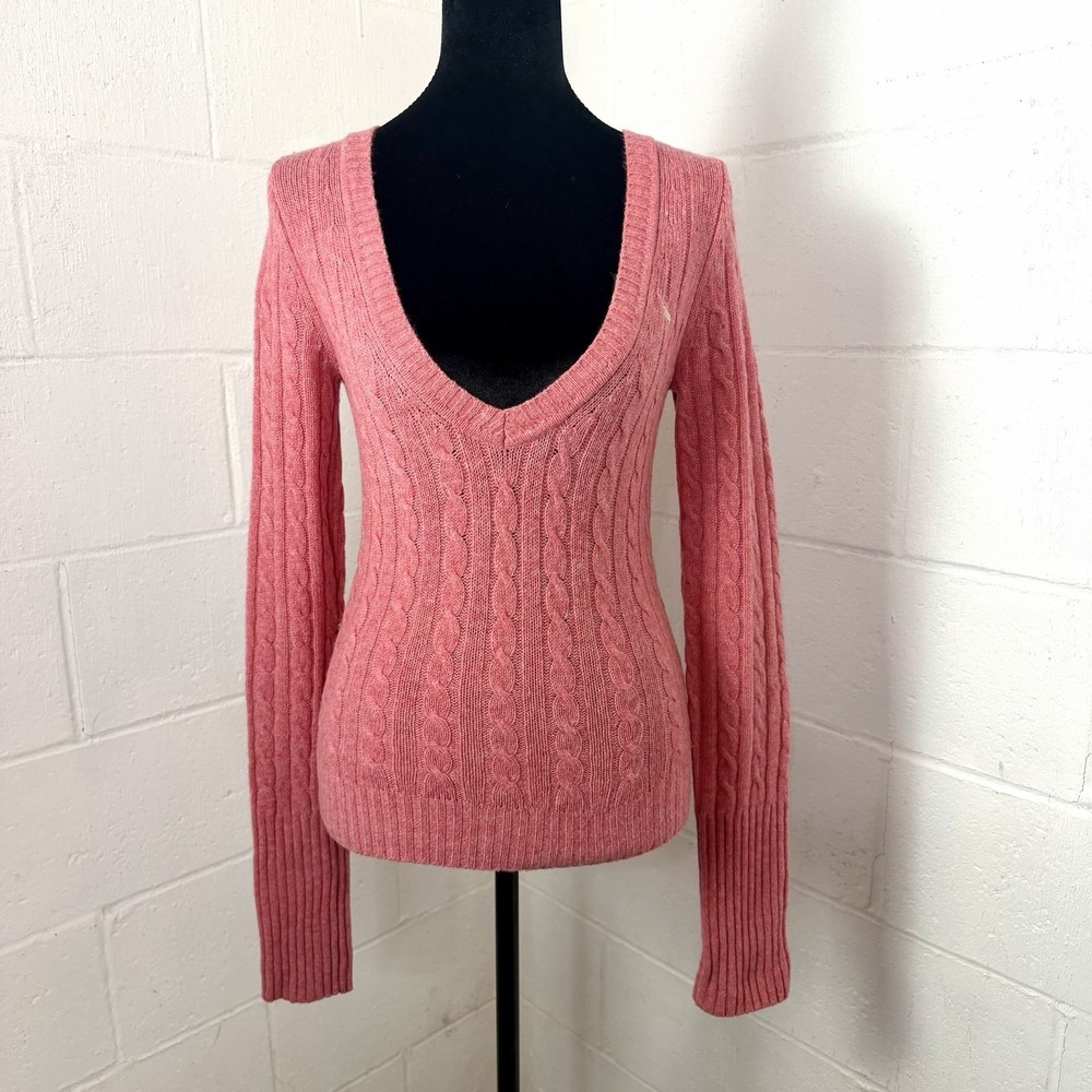 VTG Abercrombie Fitch Sweater Wool Cashmere‎ Cable Knit Deep-V Logo Y2K Preppy M